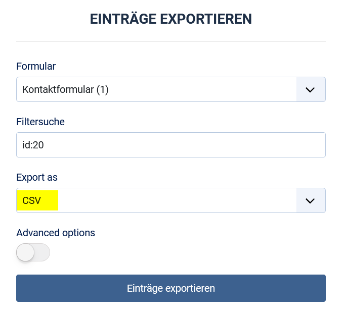 formular eintraege exportieren