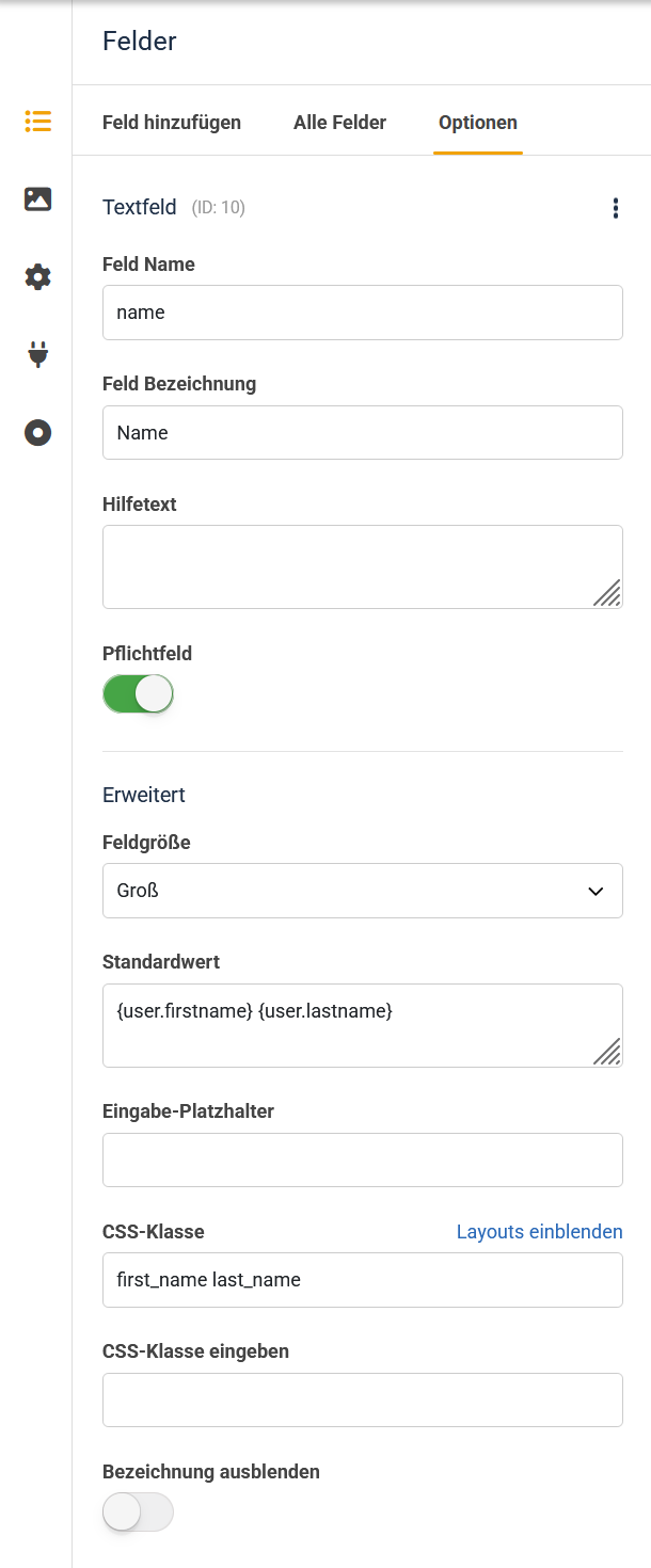 formular feldoptionen